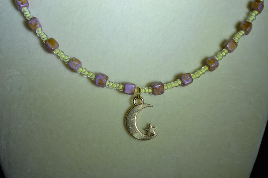 Moon and star pendant glass bead necklace. Purple and yellow