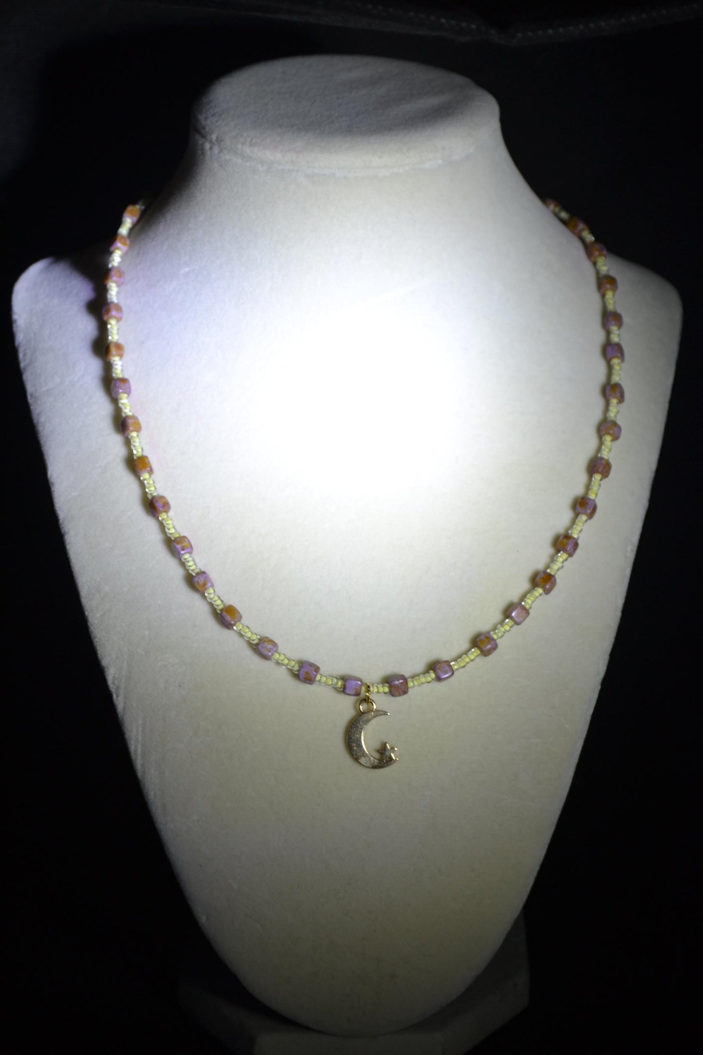 Moon and star pendant glass bead necklace. Purple and yellow