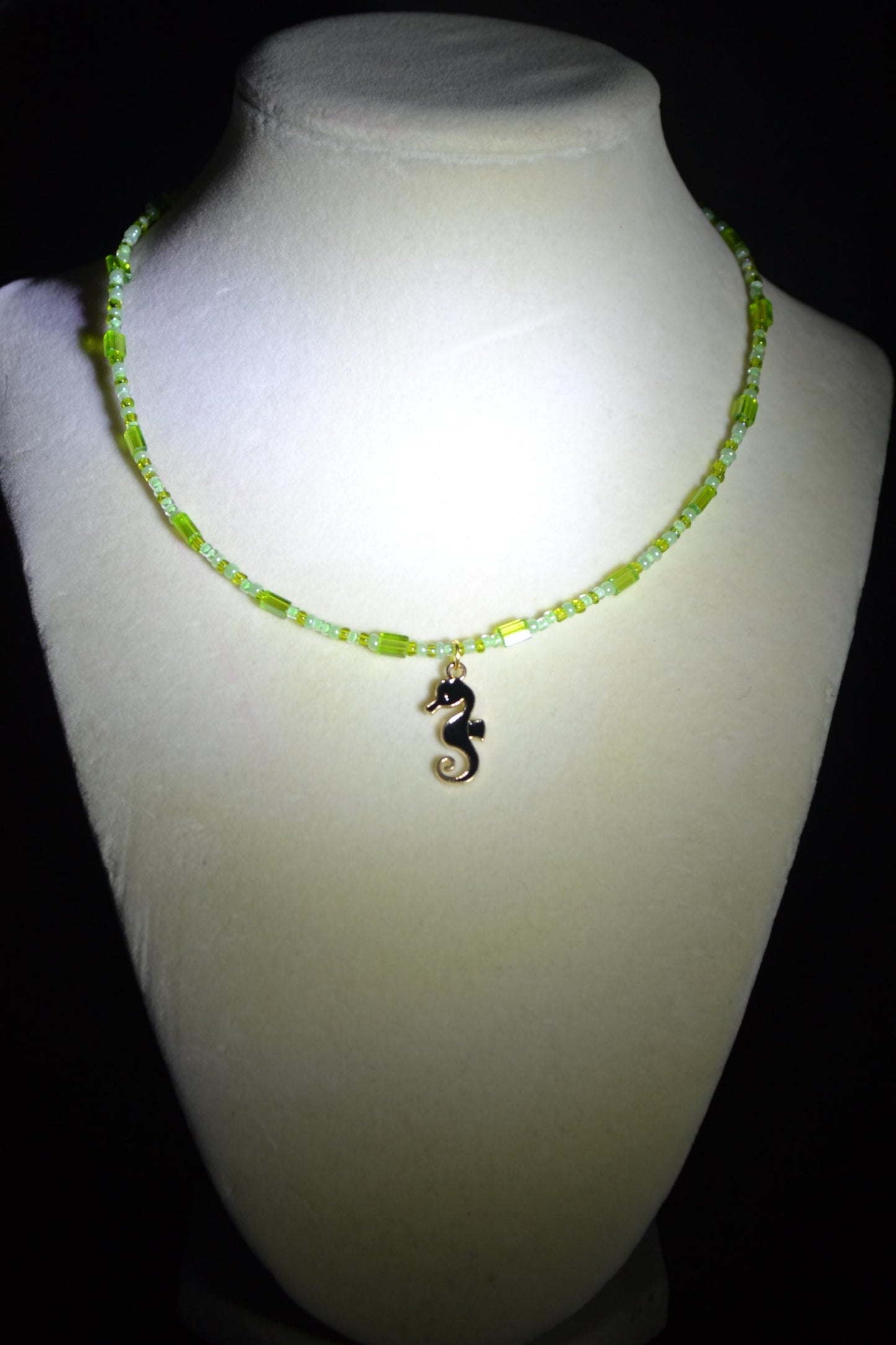 Black seahorse pendant glass bead choker. Greens