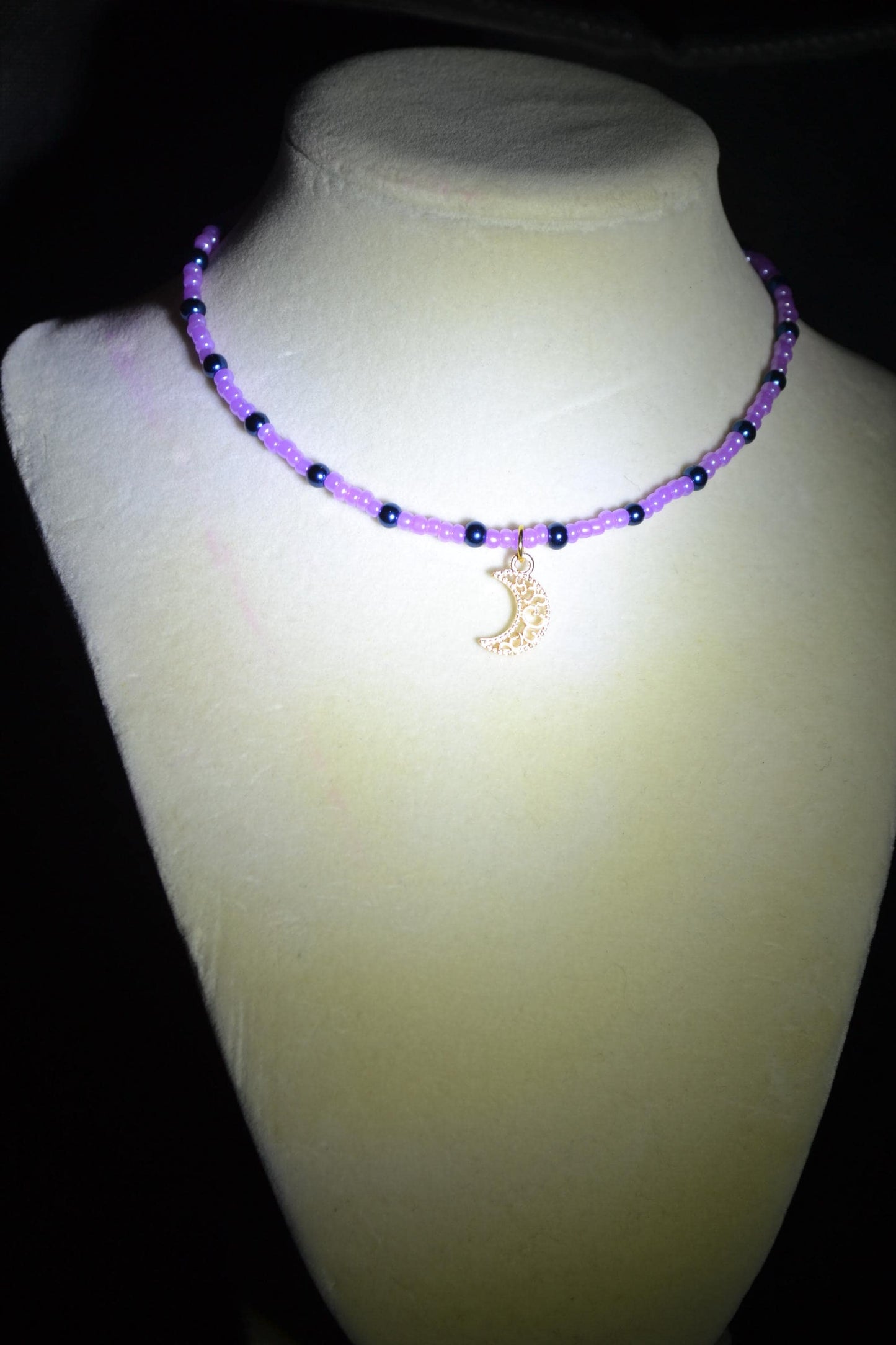 Moon pendant glass bead choker. Purple and navy