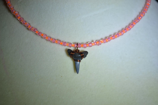 Wire wrapped sharks tooth beaded choker. Orange and pink