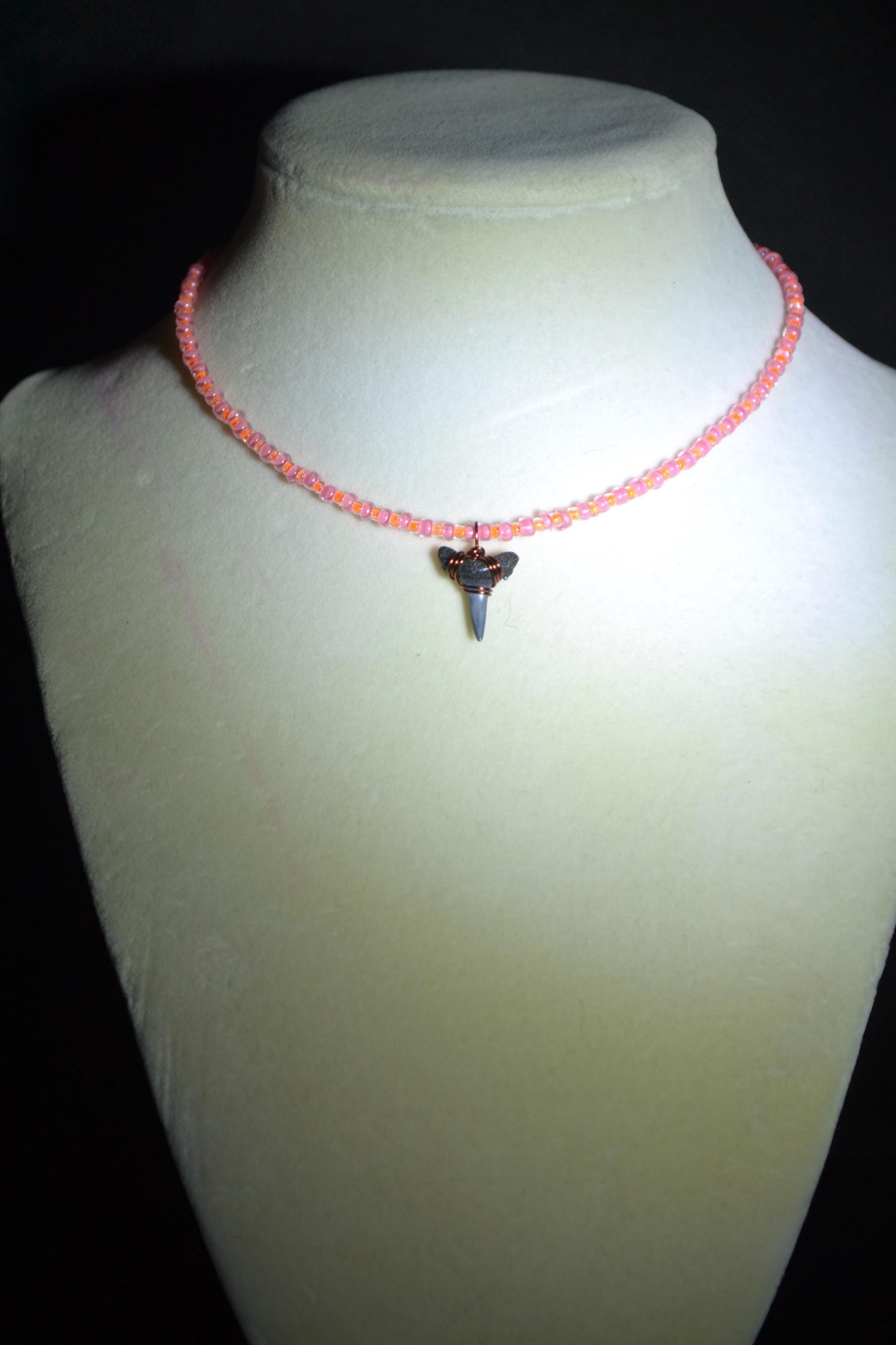 Wire wrapped sharks tooth beaded choker. Orange and pink