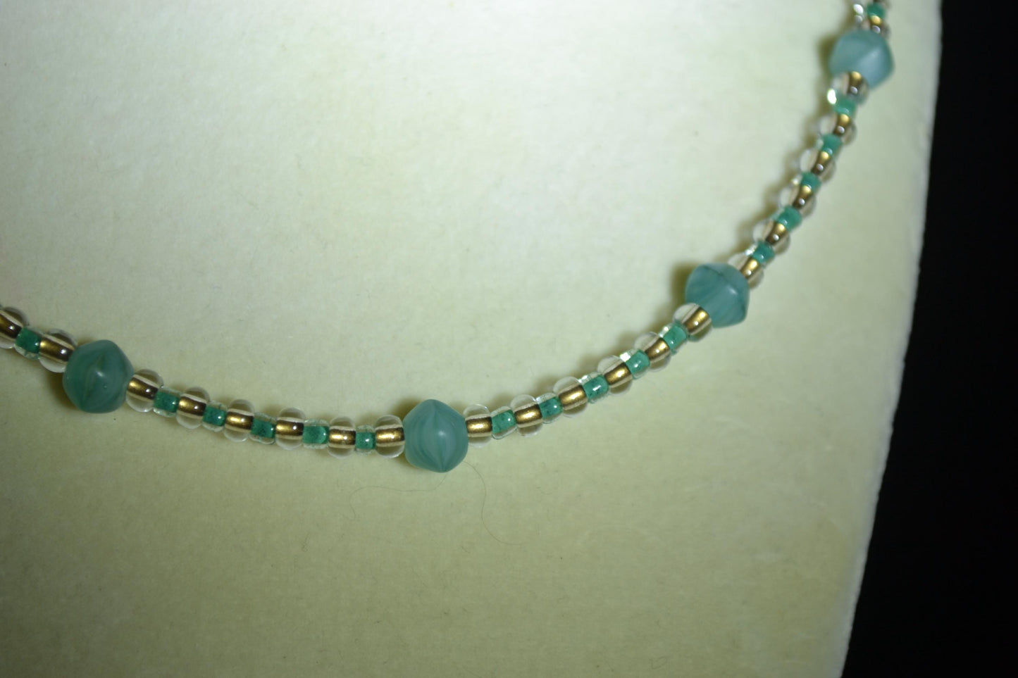 Multicolor glass bead necklace. Blues and sand