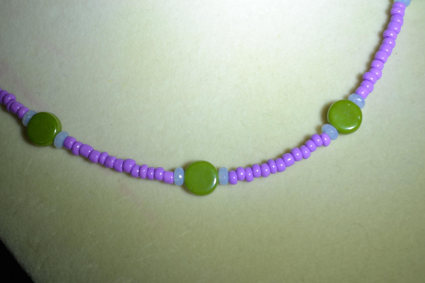 Multicolor glass bead necklace. Purple, avocado, and moonstone