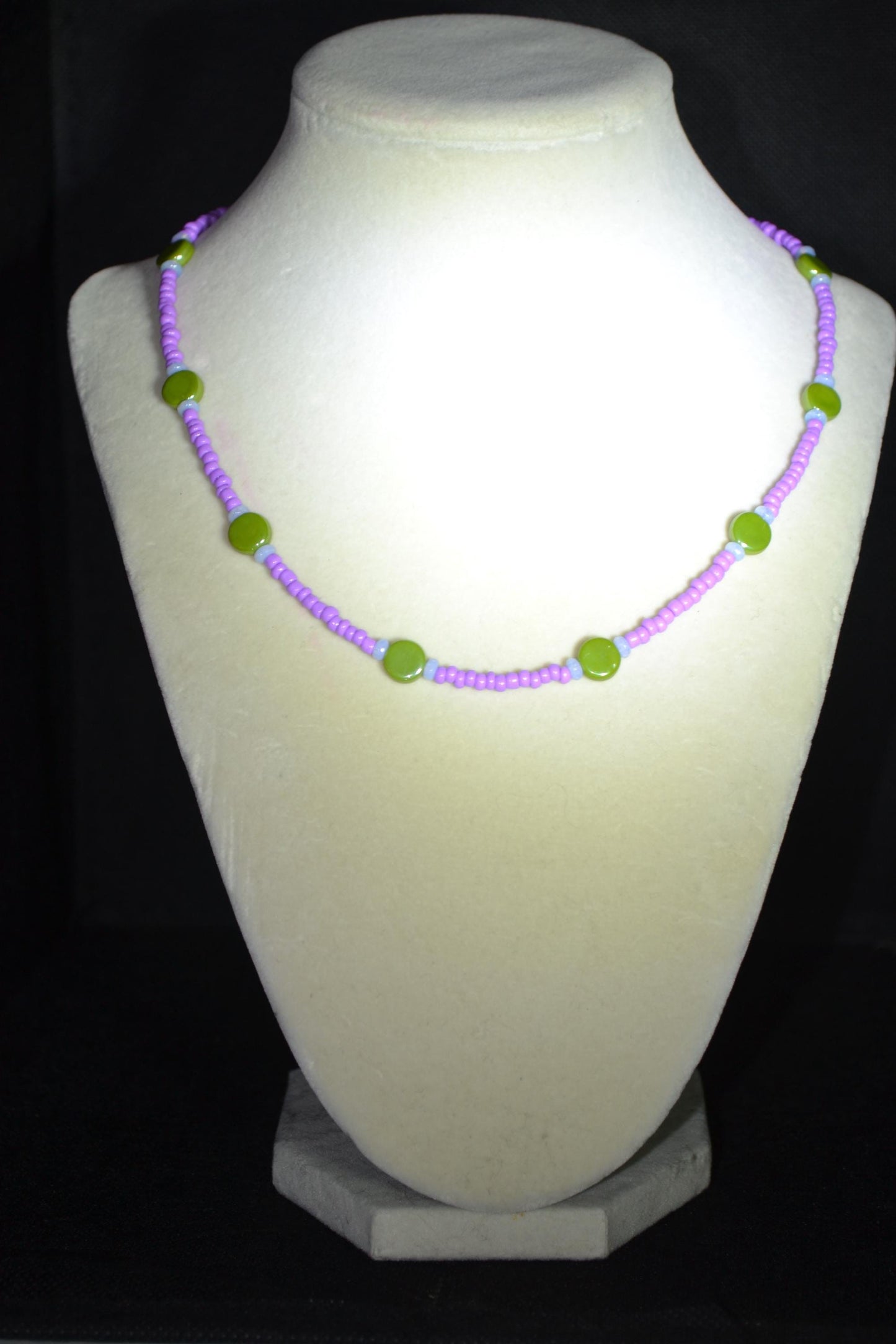 Multicolor glass bead necklace. Purple, avocado, and moonstone