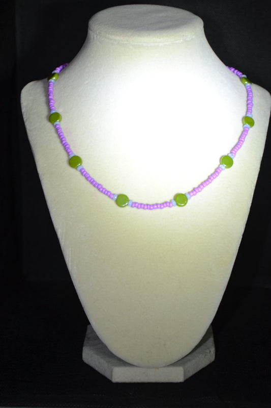 Multicolor glass bead necklace. Purple, avocado, and moonstone