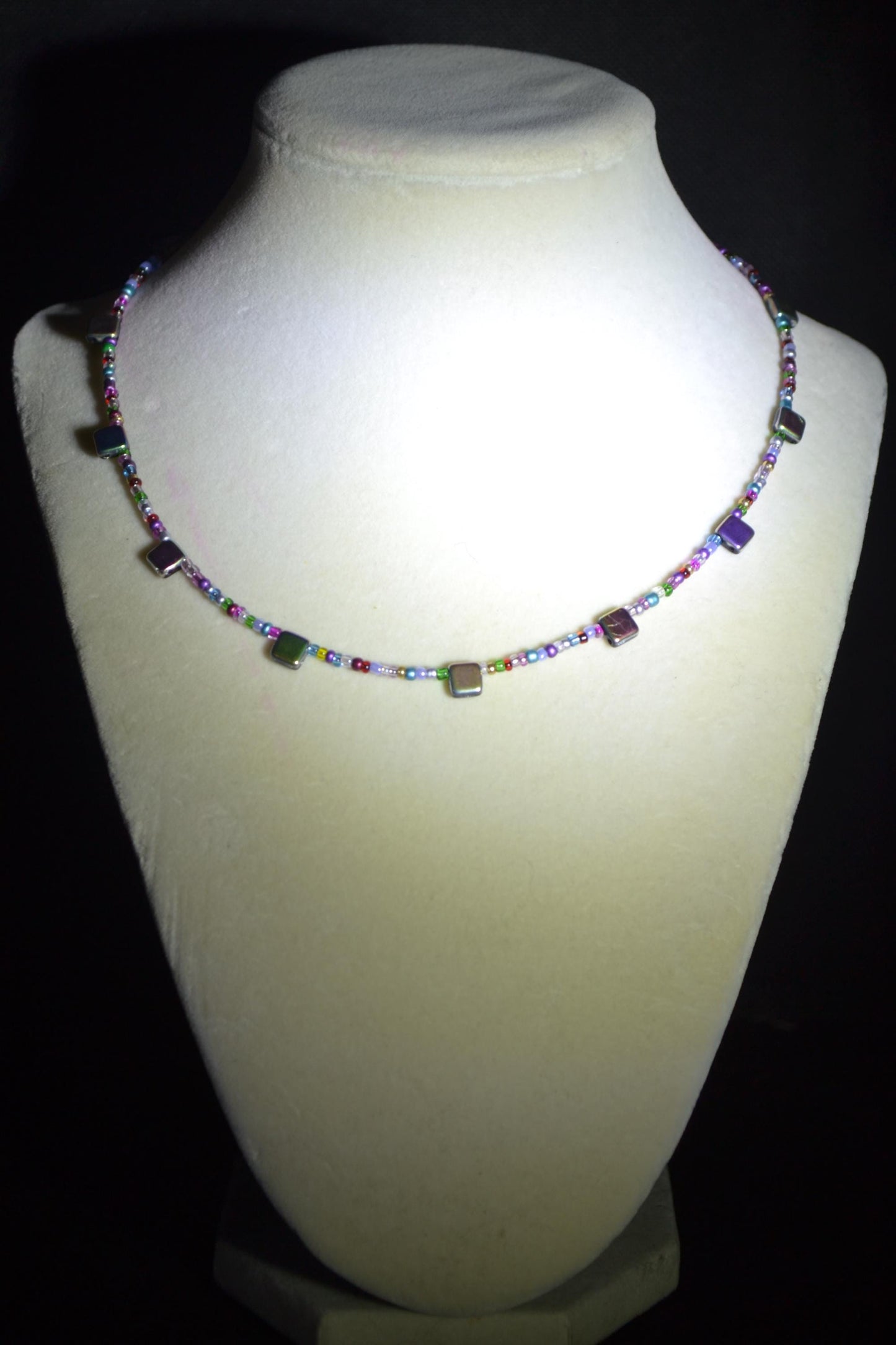 Multicolor glass bead necklace. Reversible rainbow and iridescent black