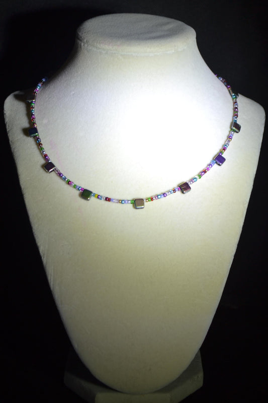 Multicolor glass bead necklace. Reversible rainbow and iridescent black