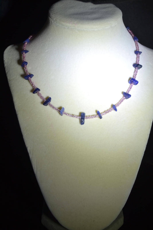 Multicolor glass bead necklace. Blue agate and pink