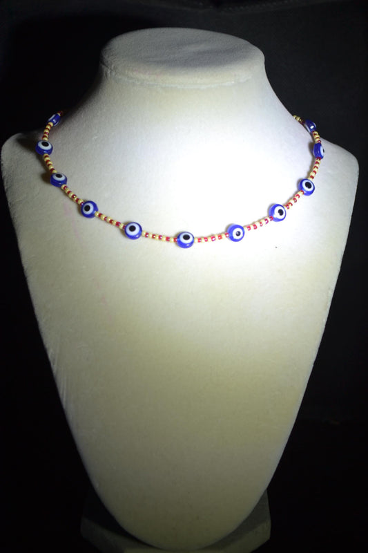 Multicolor glass bead necklace. Evil eye, red, yellow