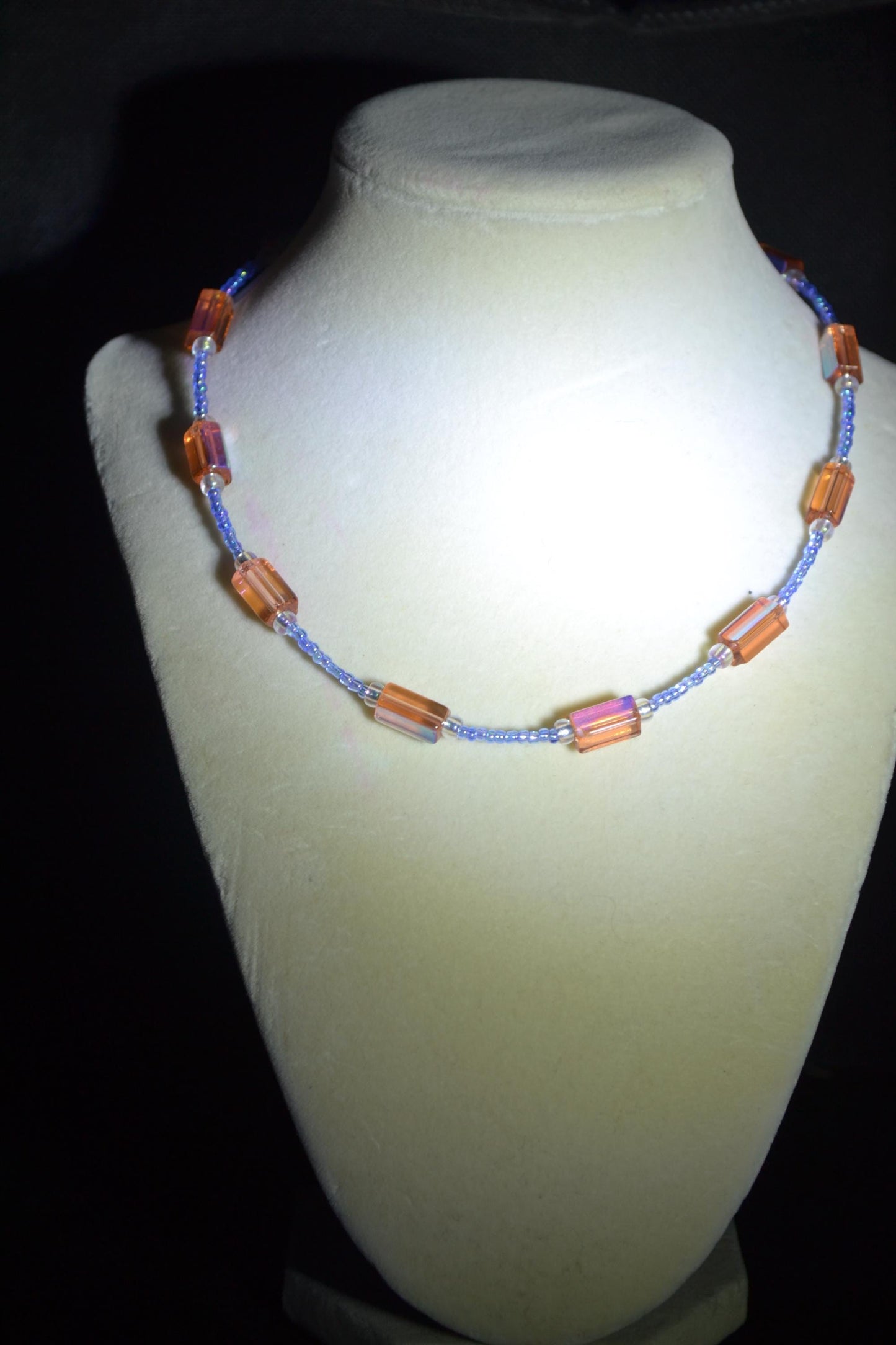 Multicolor glass bead necklace. Blue and pink