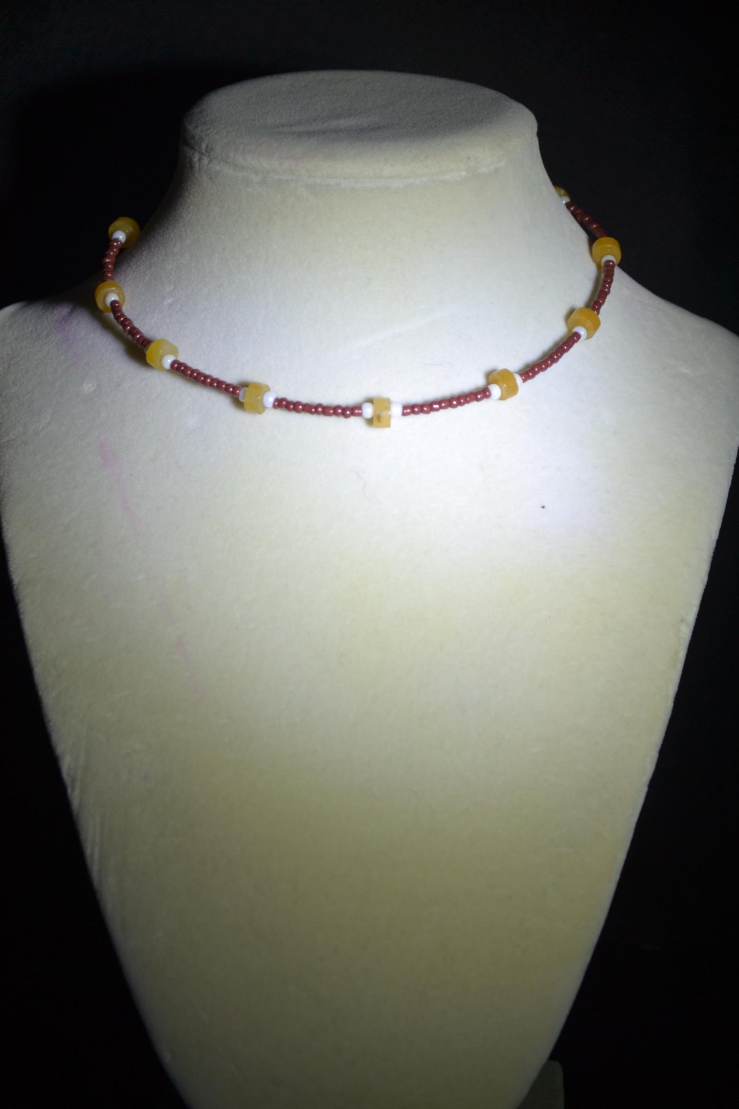 Multicolor glass bead choker. Red, white, and yellow jade