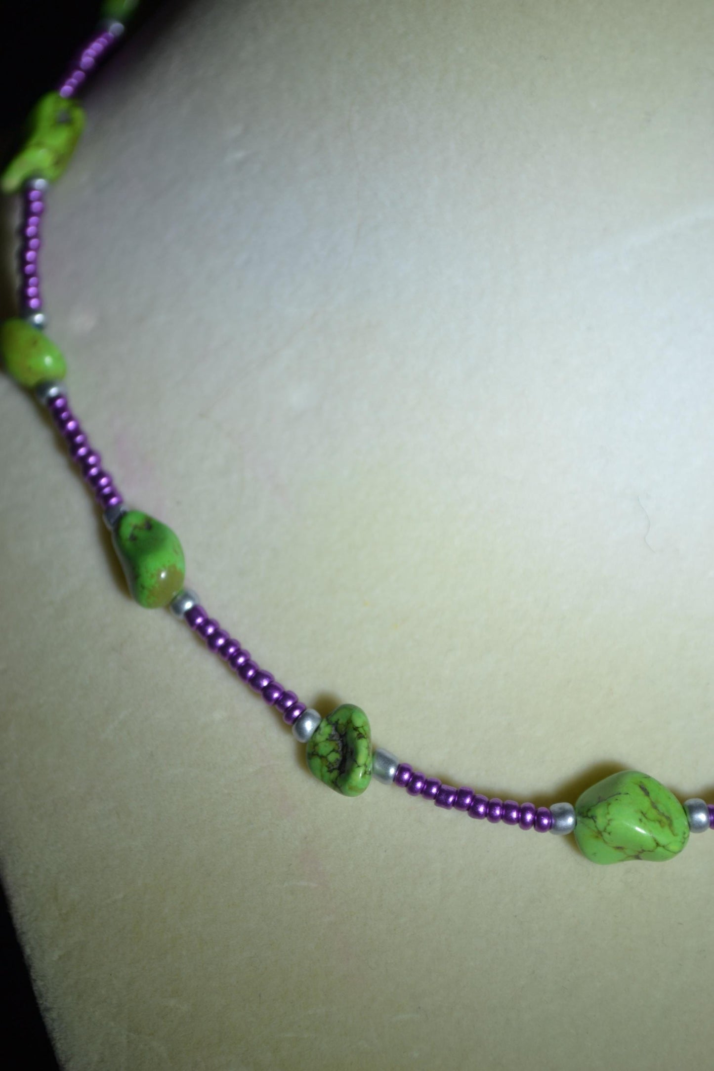 Multicolor glass bead necklace. Green turquoise, purple, and silver