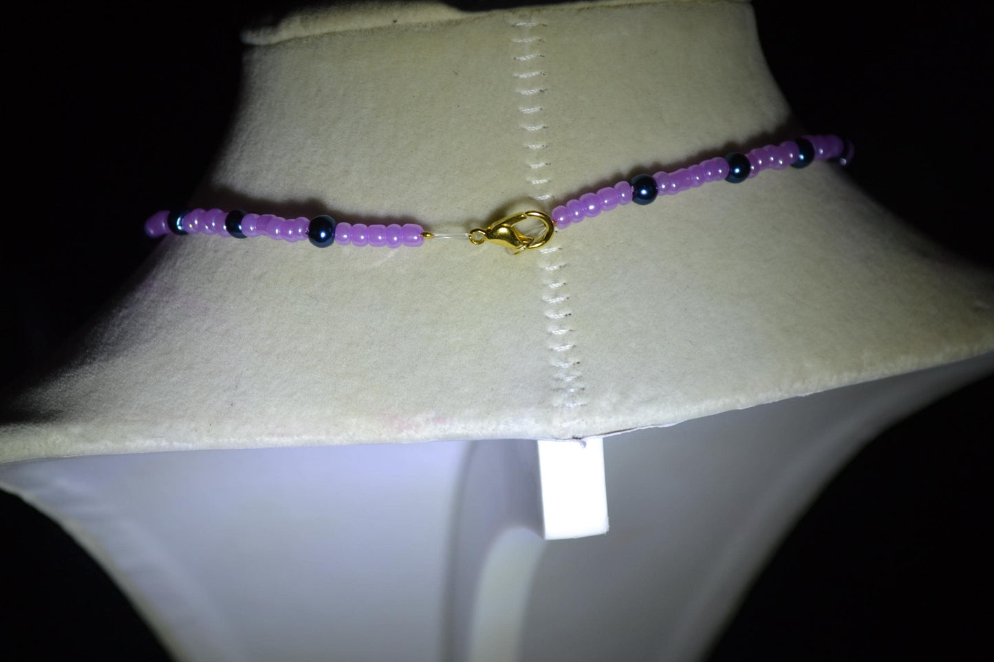 Moon pendant glass bead choker. Purple and navy