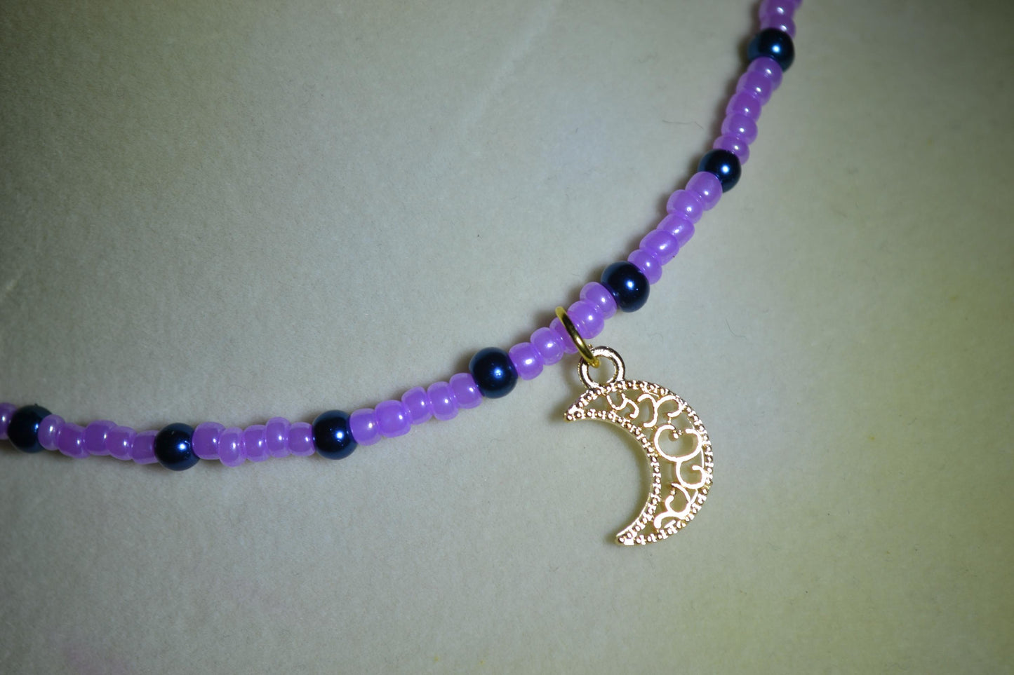 Moon pendant glass bead choker. Purple and navy