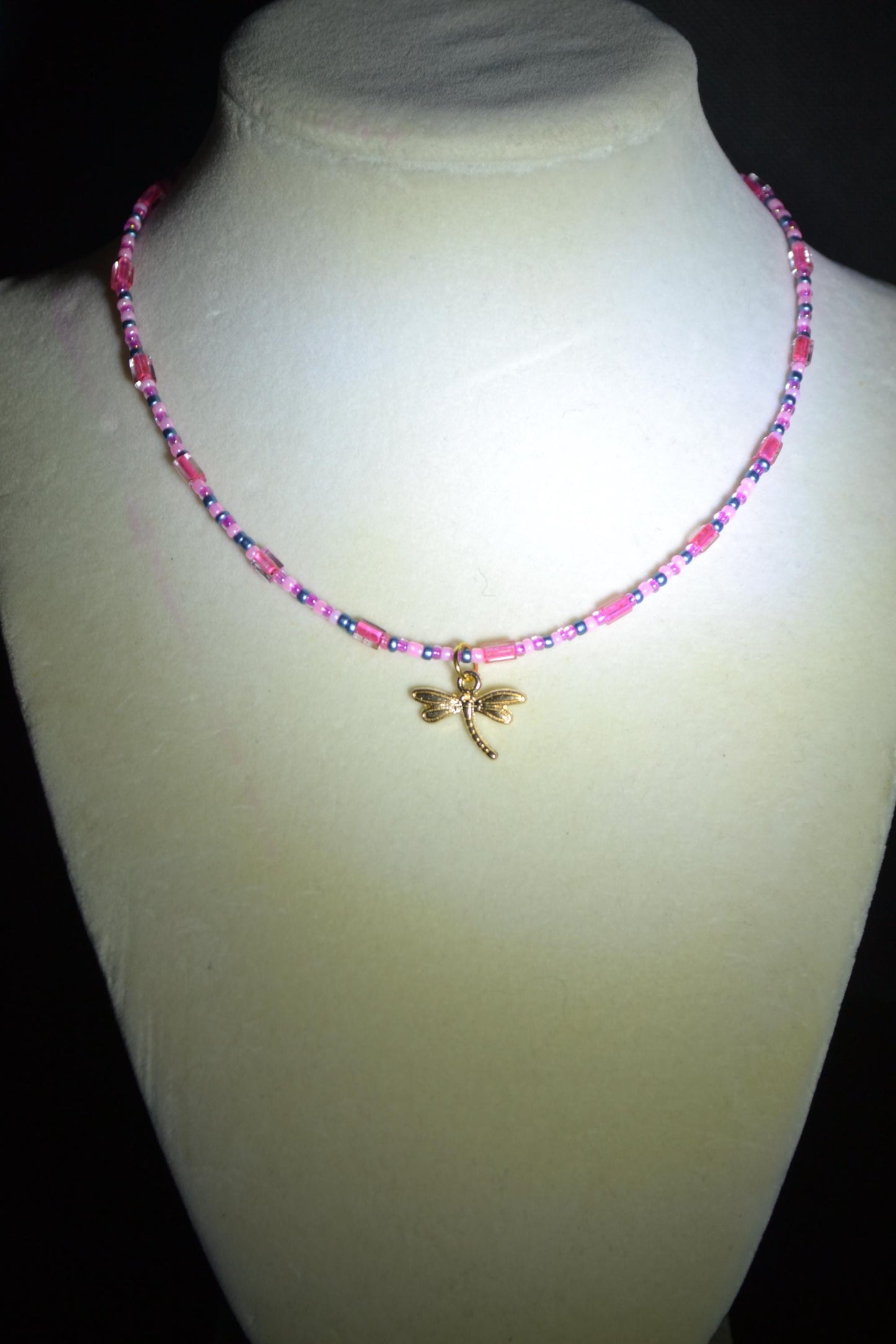 Gold dragonfly pendant glass bead choker. Pink and blue