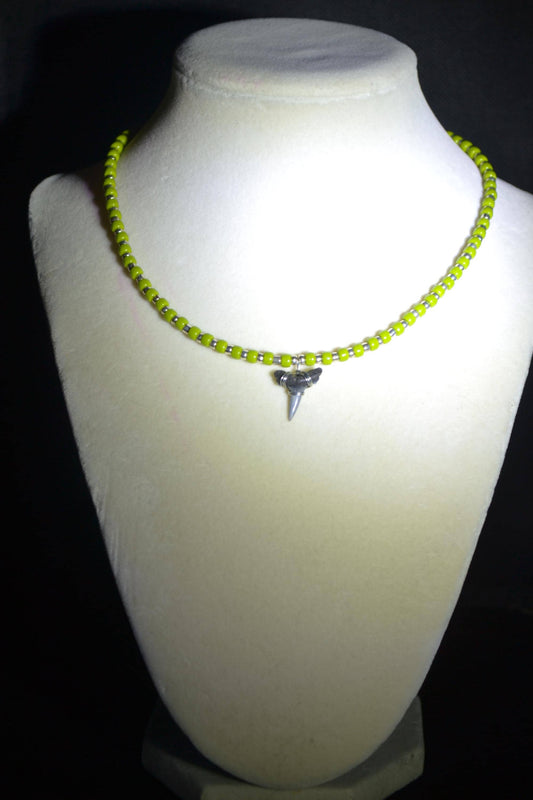 Wire wrapped sharks tooth beaded choker. Green and silver