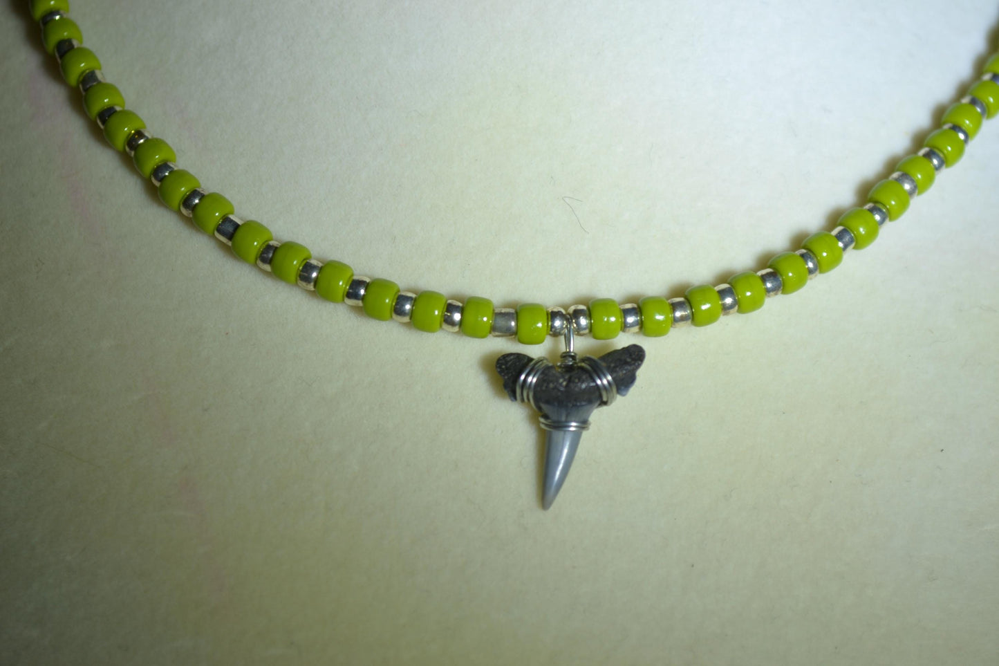 Wire wrapped sharks tooth beaded choker. Green and silver