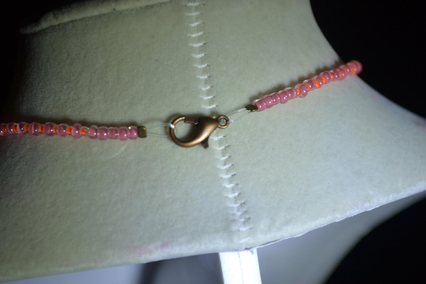 Wire wrapped sharks tooth beaded choker. Orange and pink