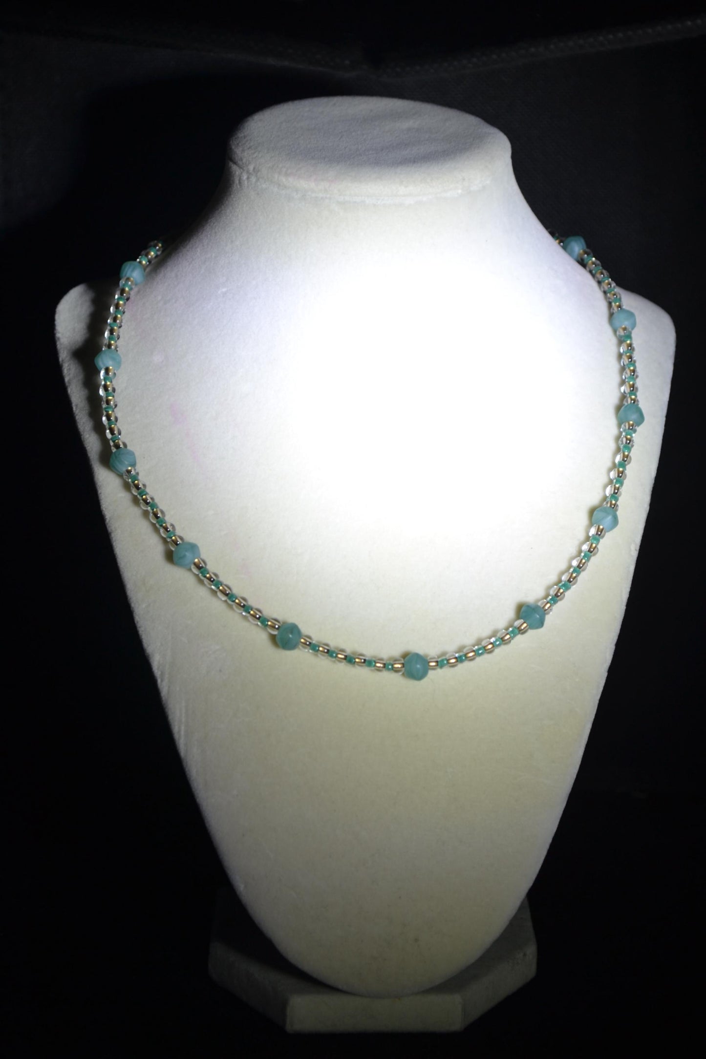 Multicolor glass bead necklace. Blues and sand