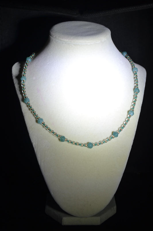 Multicolor glass bead necklace. Blues and sand