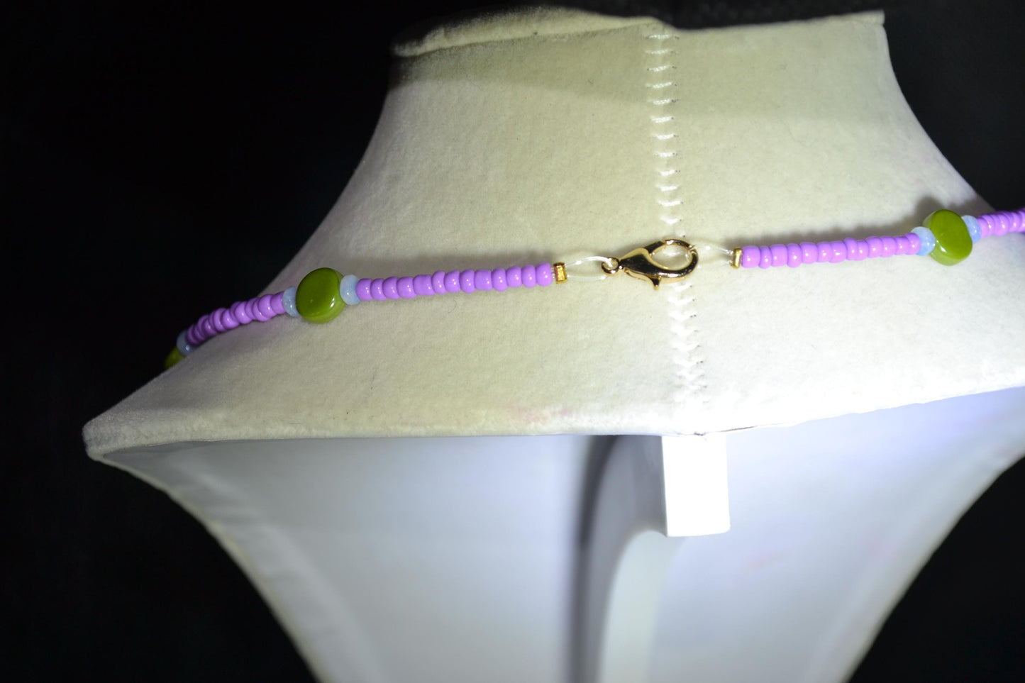 Multicolor glass bead necklace. Purple, avocado, and moonstone