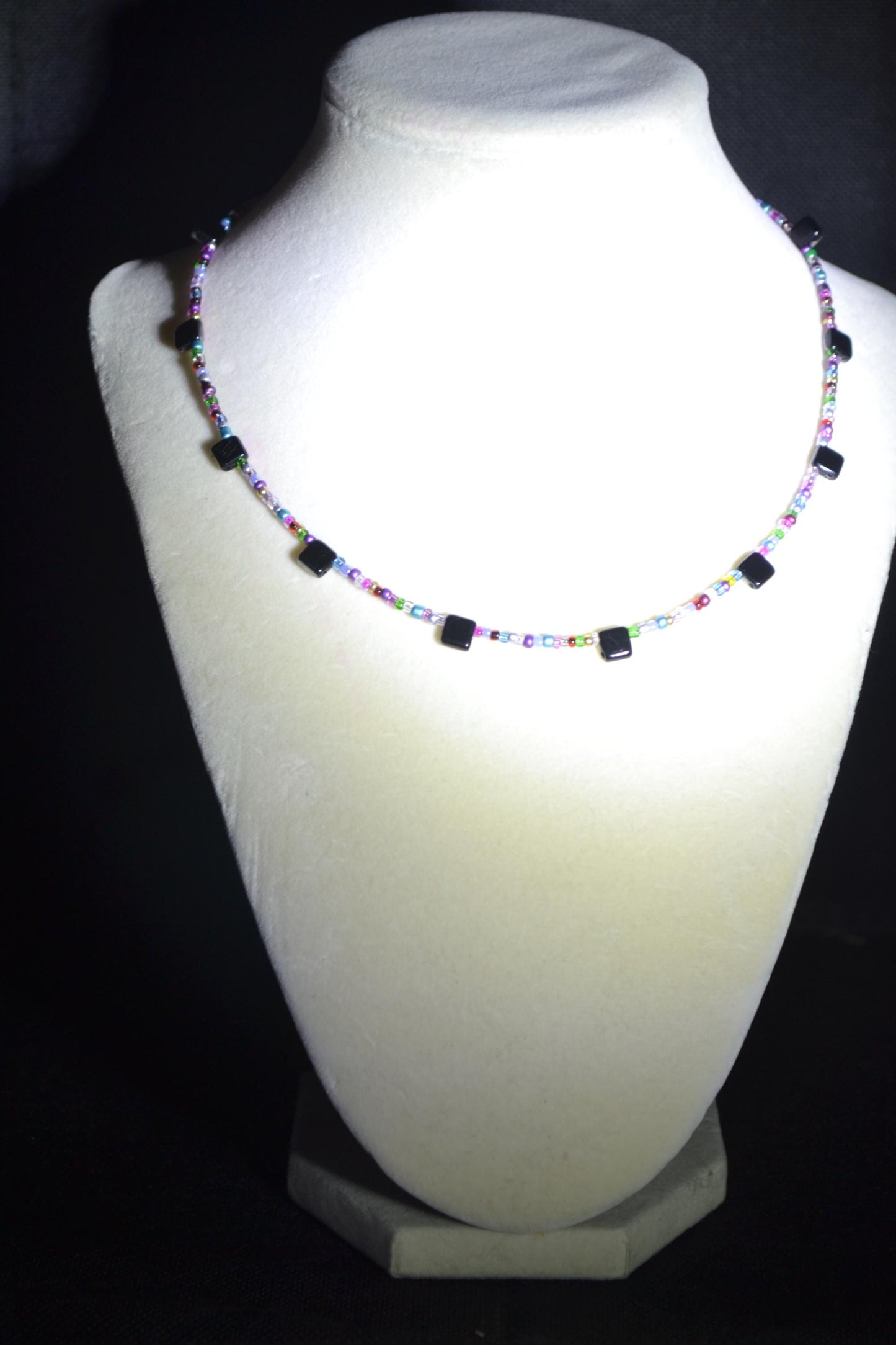 Multicolor glass bead necklace. Reversible rainbow and iridescent black