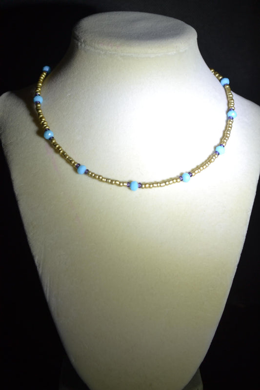 Multicolor glass bead choker. Aqua, gold, and amethyst