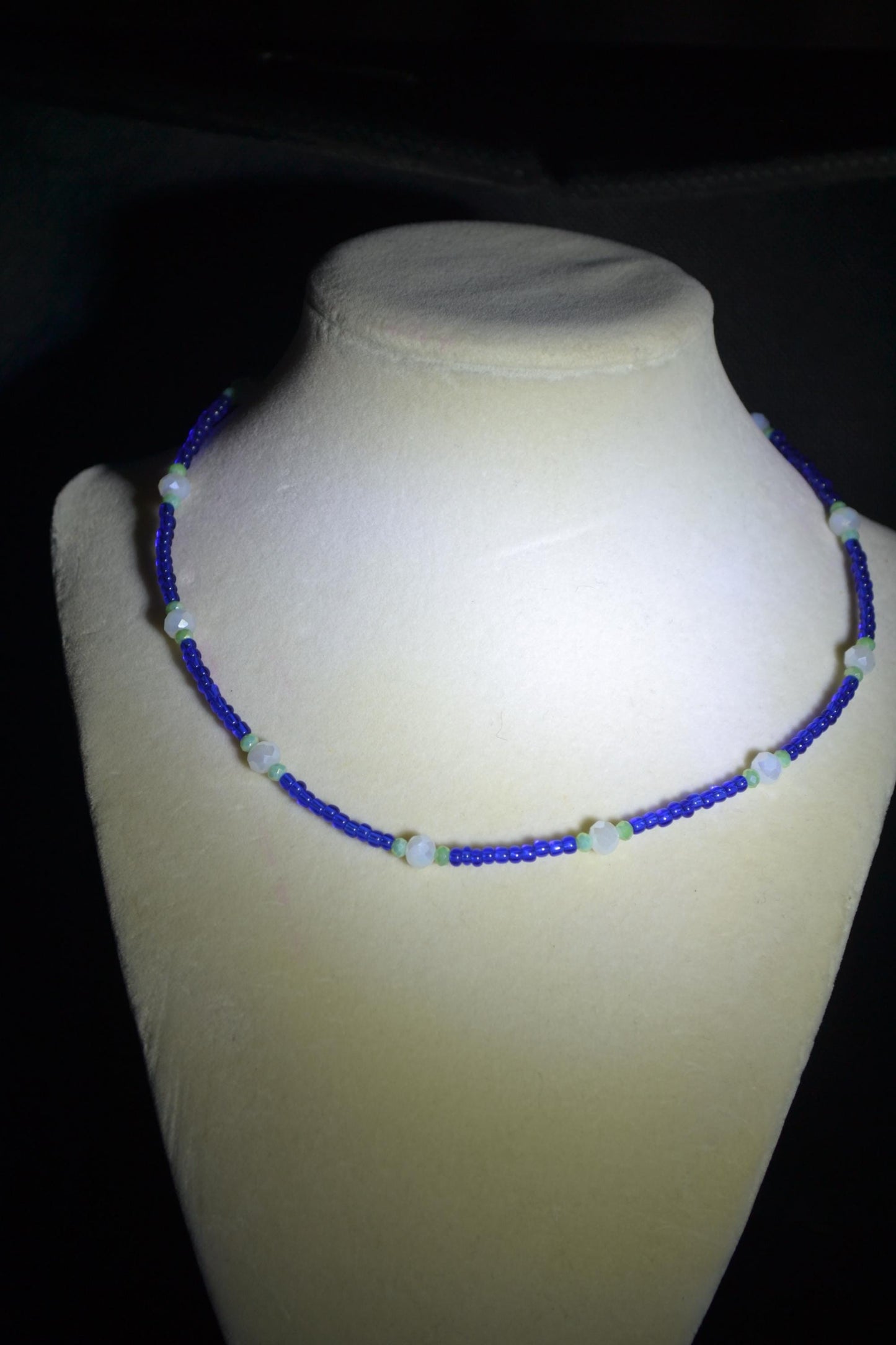 Multicolor glass bead necklace. Cobalt, green, and white