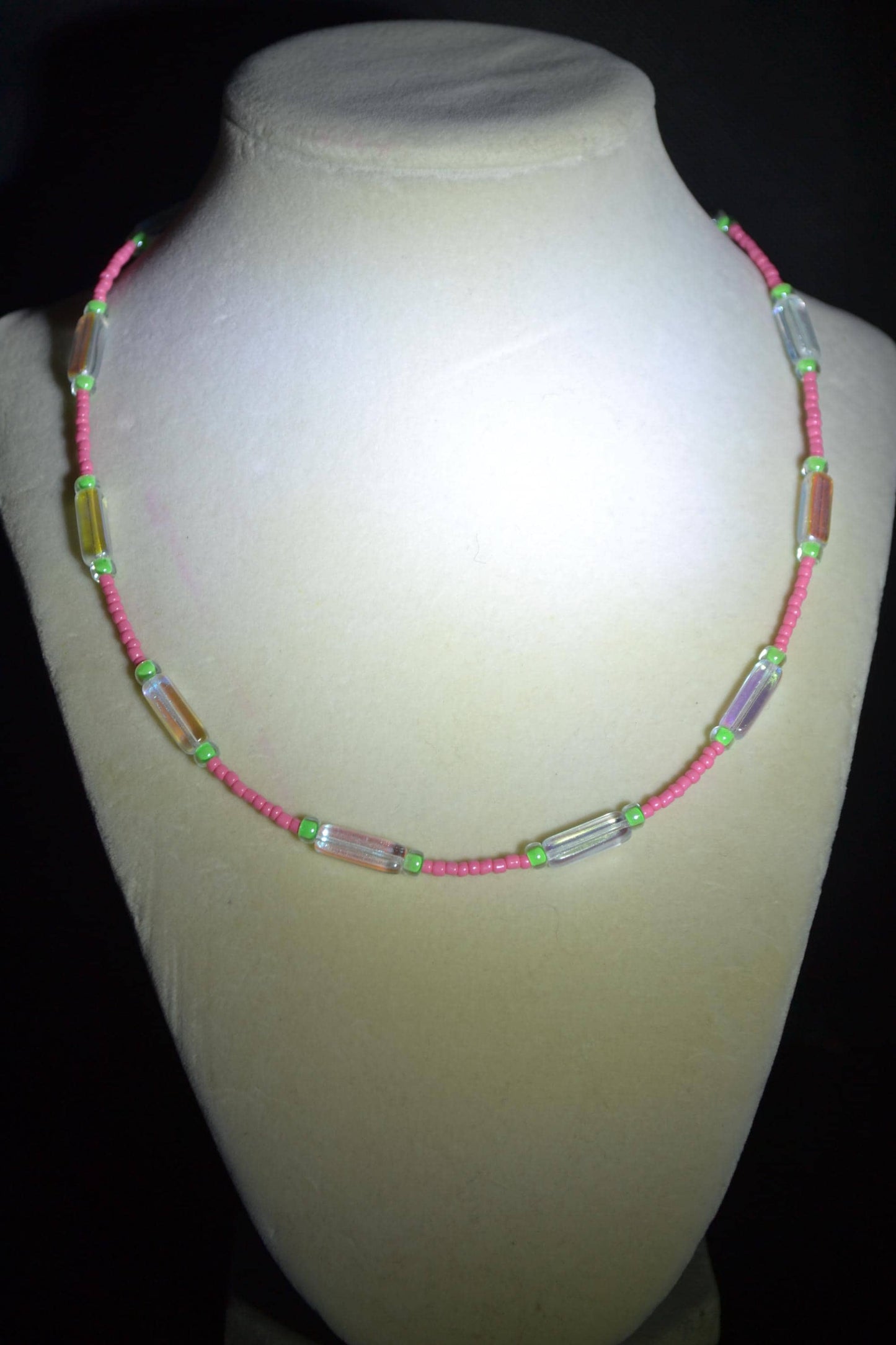 Multicolor glass bead necklace. Pink, green, and clear