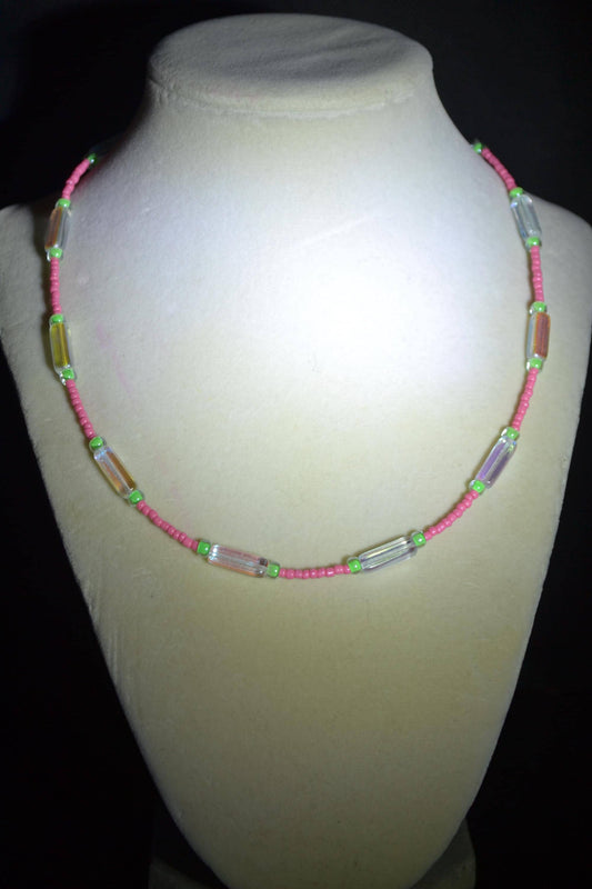 Multicolor glass bead necklace. Pink, green, and clear