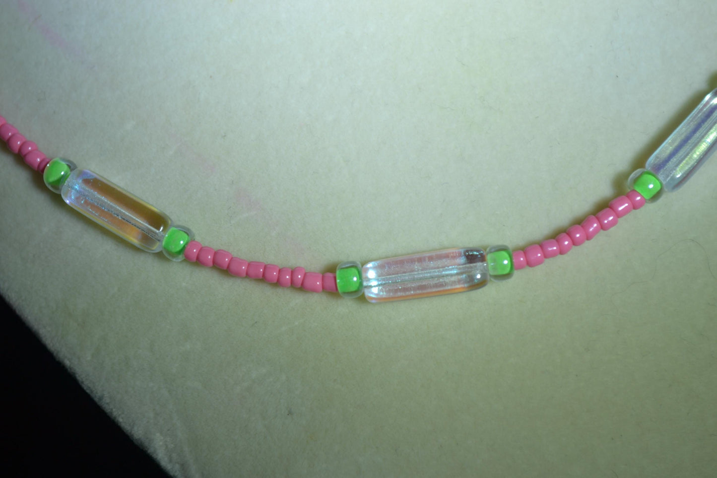 Multicolor glass bead necklace. Pink, green, and clear