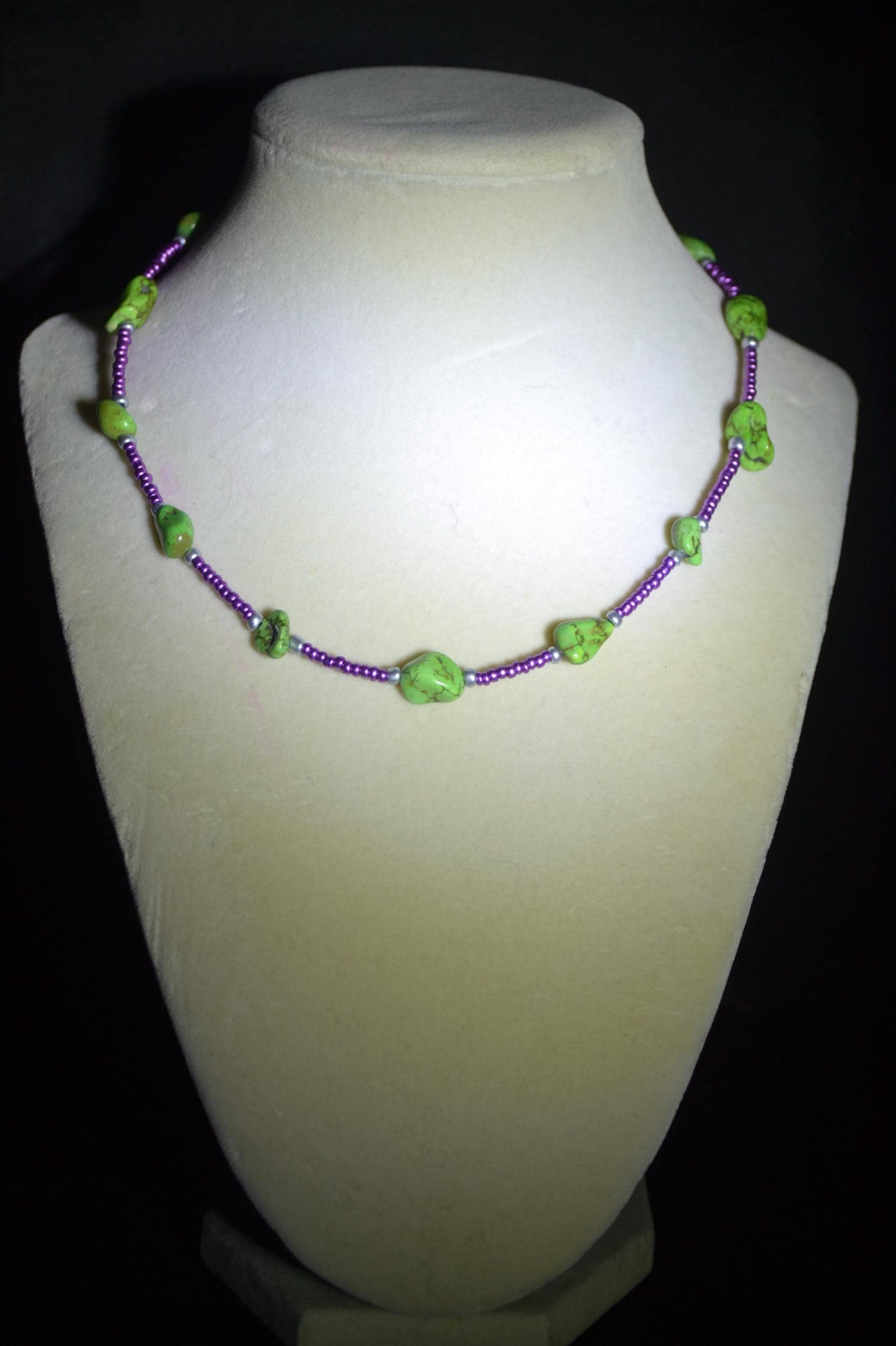 Multicolor glass bead necklace. Green turquoise, purple, and silver