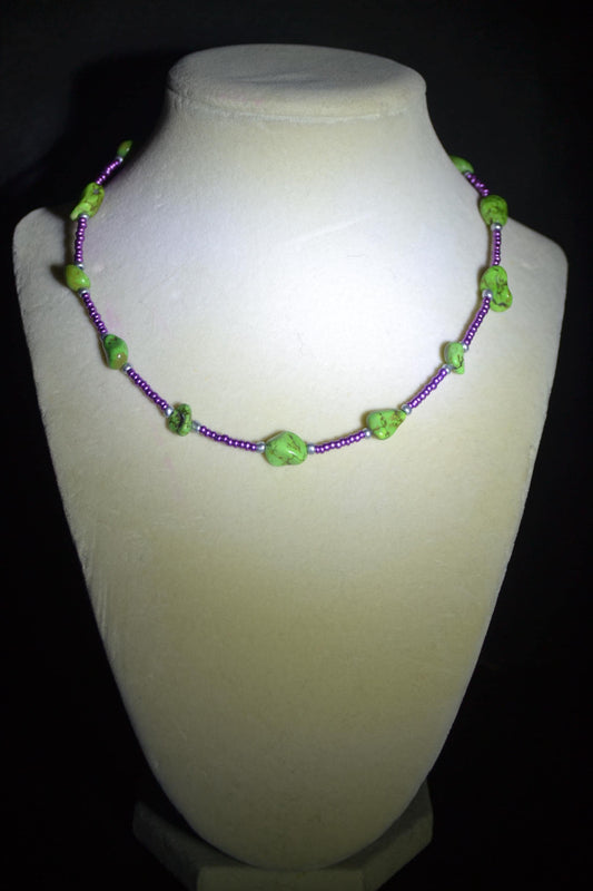 Multicolor glass bead necklace. Green turquoise, purple, and silver