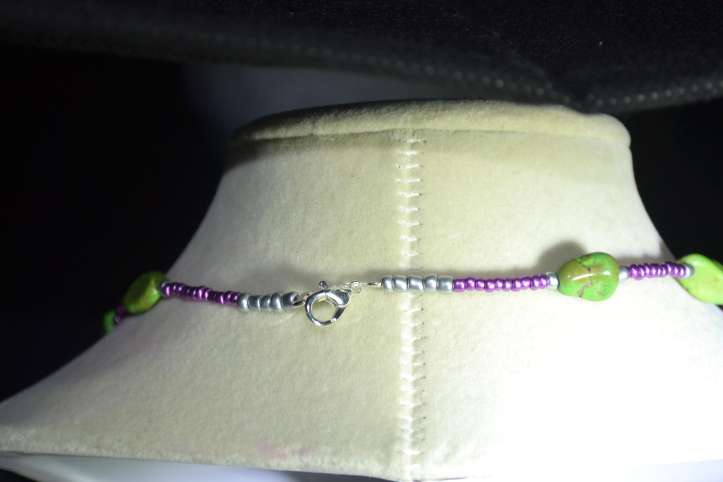 Multicolor glass bead necklace. Green turquoise, purple, and silver