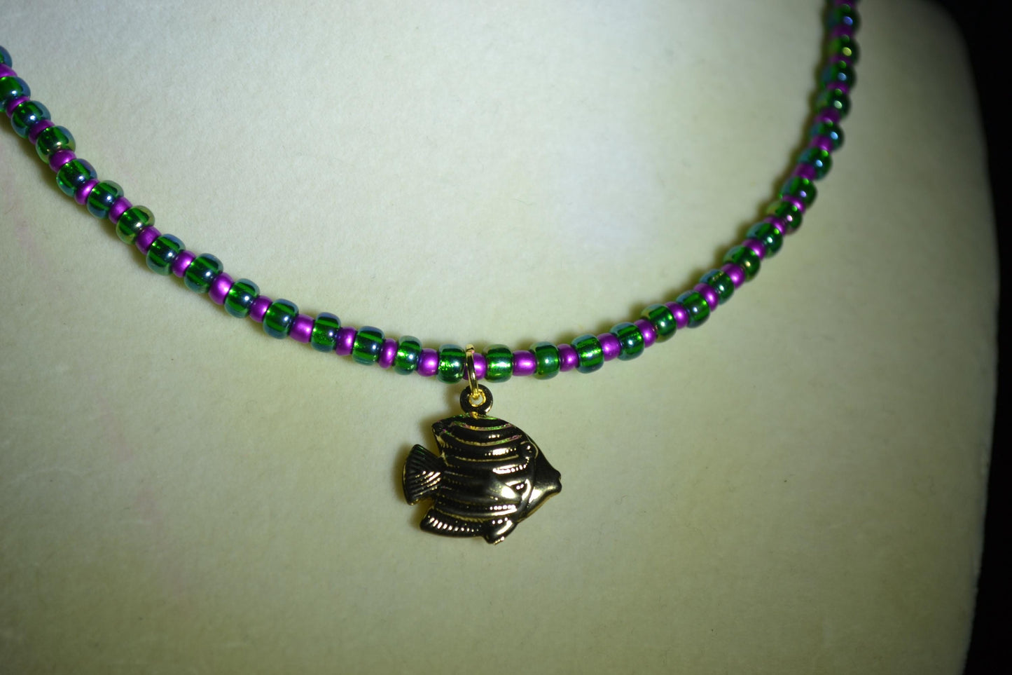 Angelfish pendant glass bead choker. Metallic purple and green