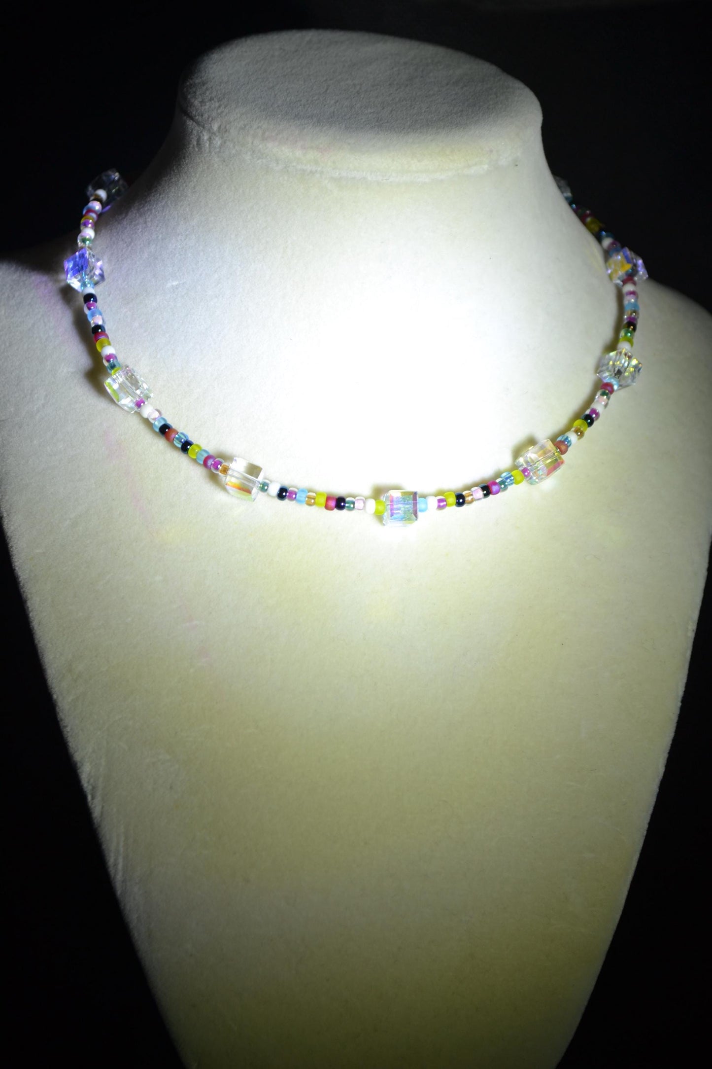 Multicolor glass bead choker. Rainbow and Swarovski crystal