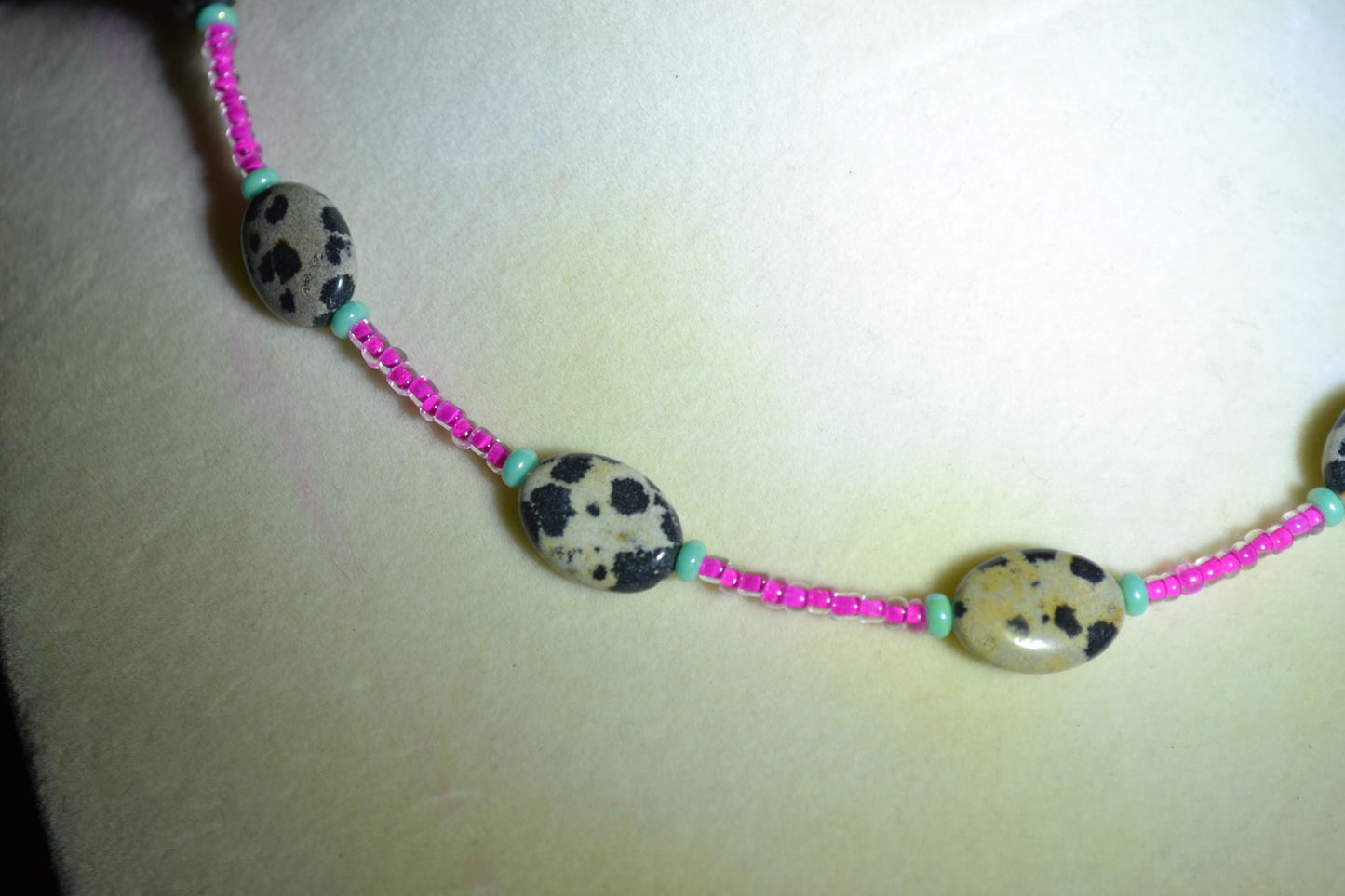 Multicolor glass bead choker. Dalmatian, turquoise, and hot pink