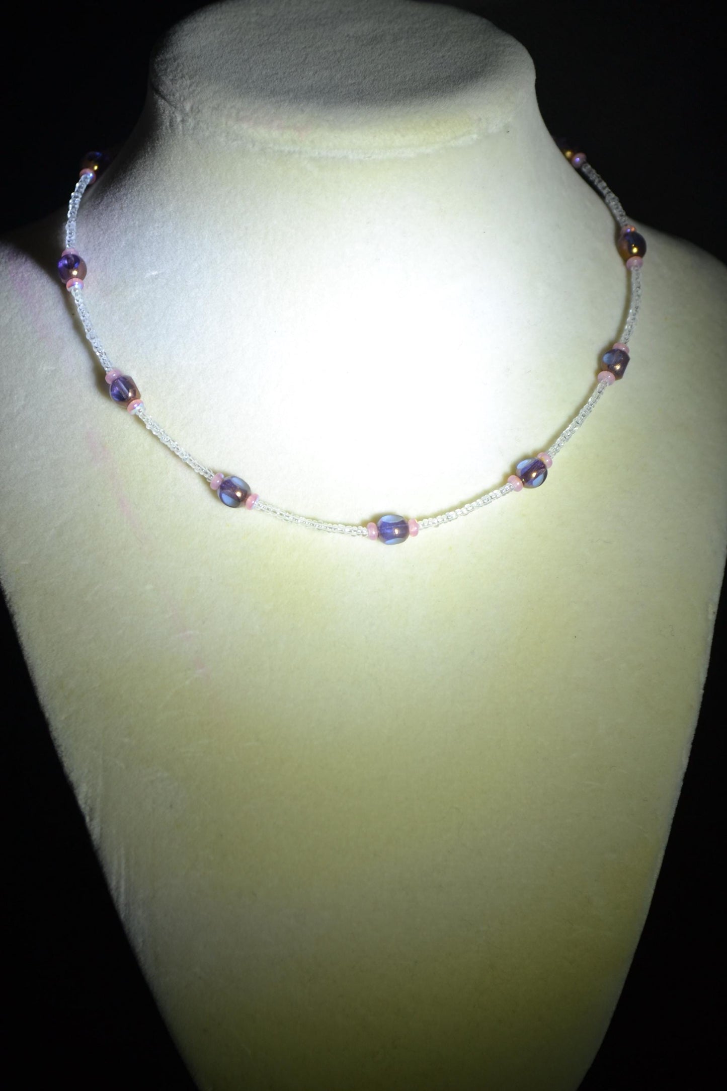 Multicolor glass bead choker. Amethyst, rose, and crystal