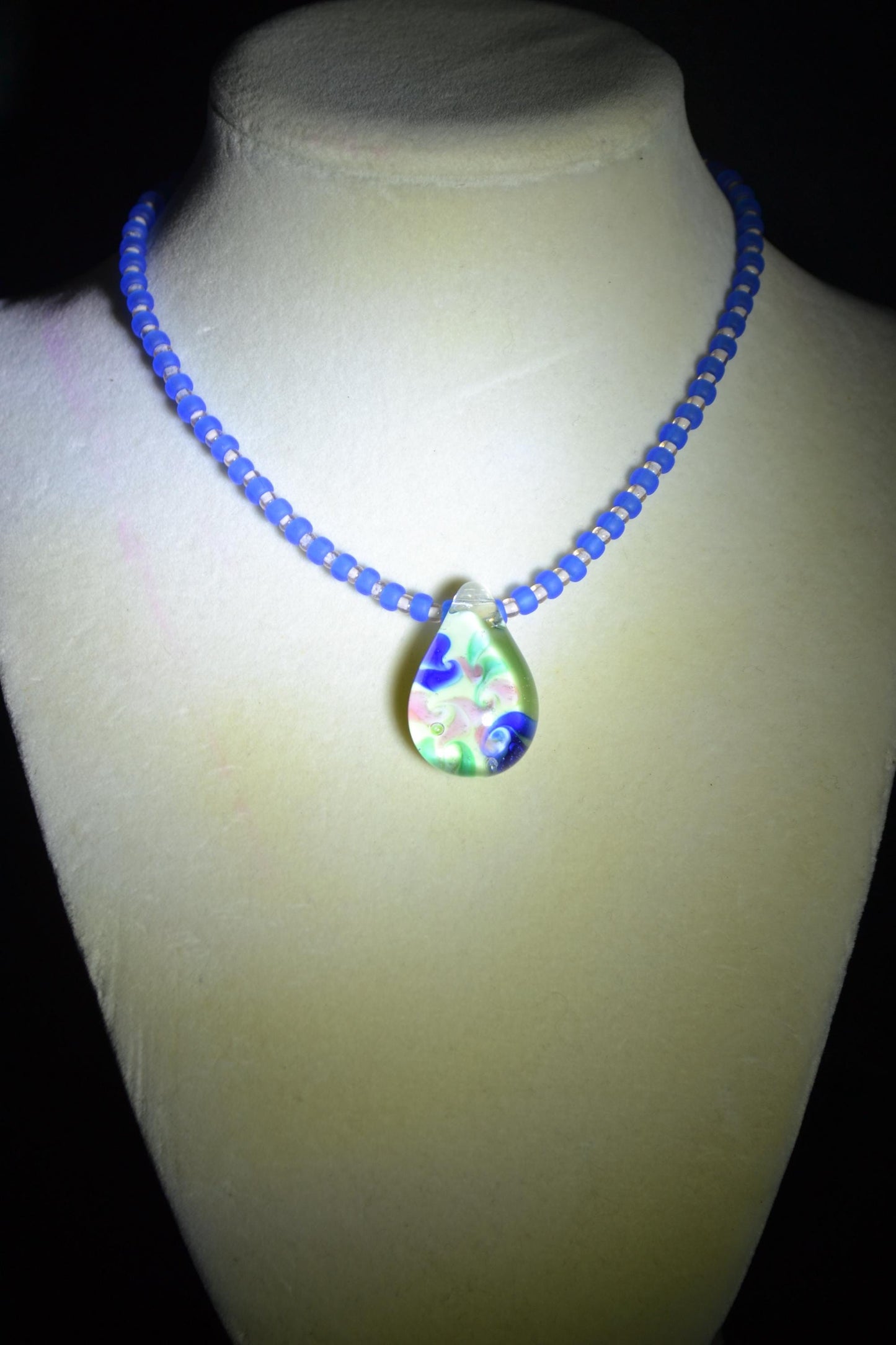 Floral blown glass pendant glass bead choker. Blue and crystal