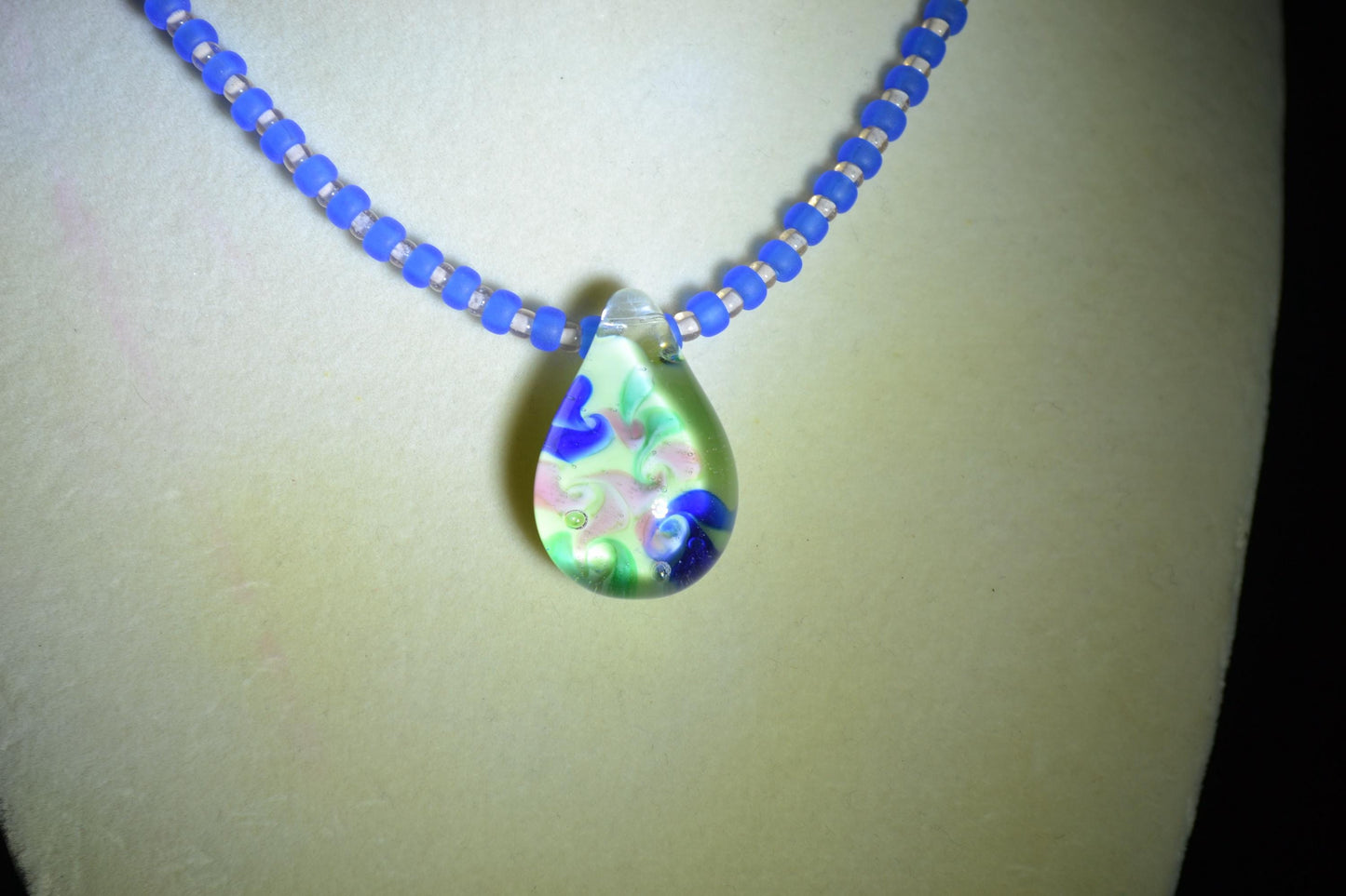 Floral blown glass pendant glass bead choker. Blue and crystal