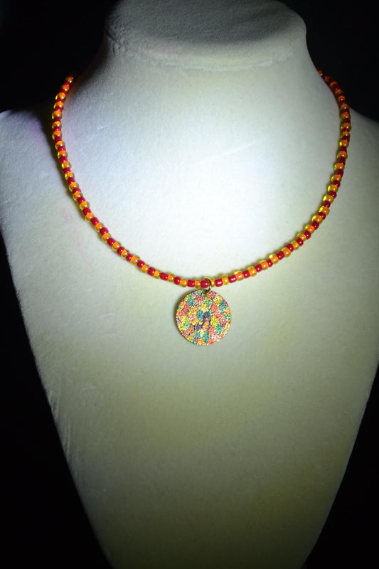Vintage black cat pendant glass bead choker. Red and orange