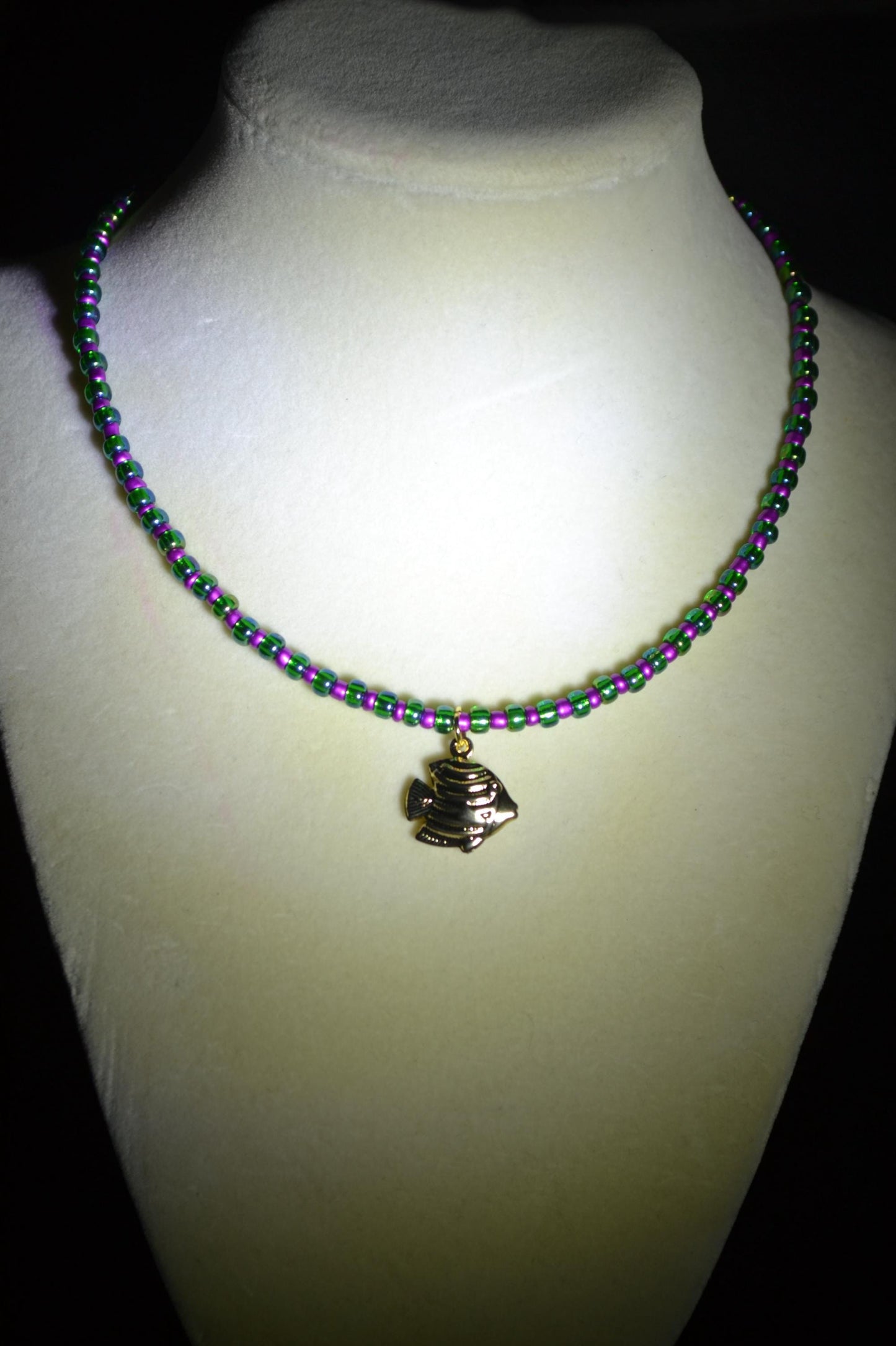 Angelfish pendant glass bead choker. Metallic purple and green