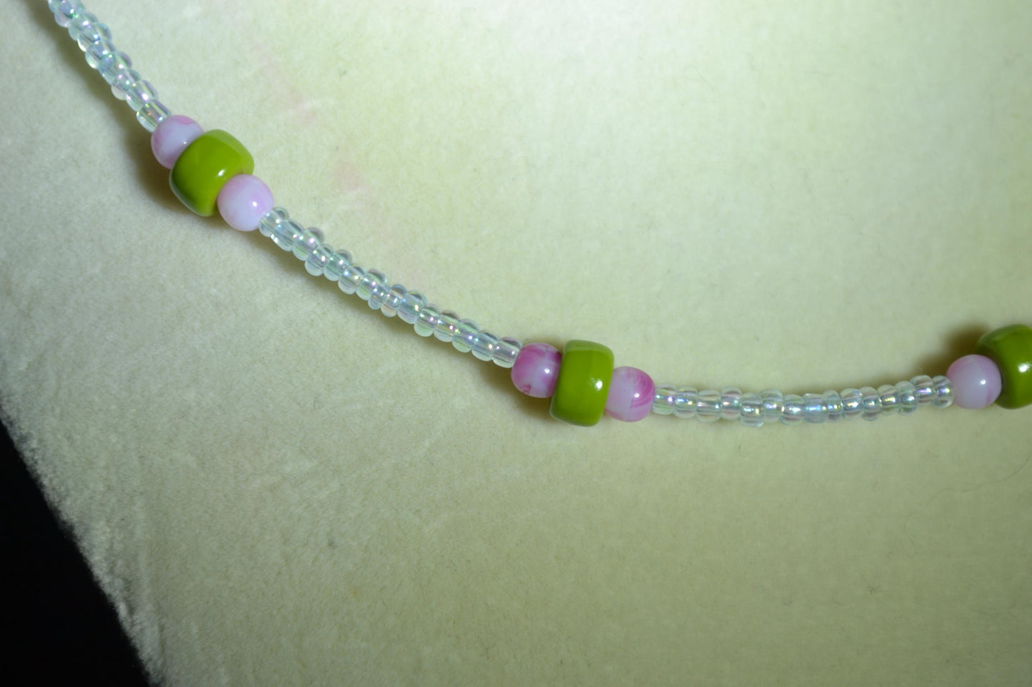 Multicolor glass bead necklace. Olive, crystal, and raspberry