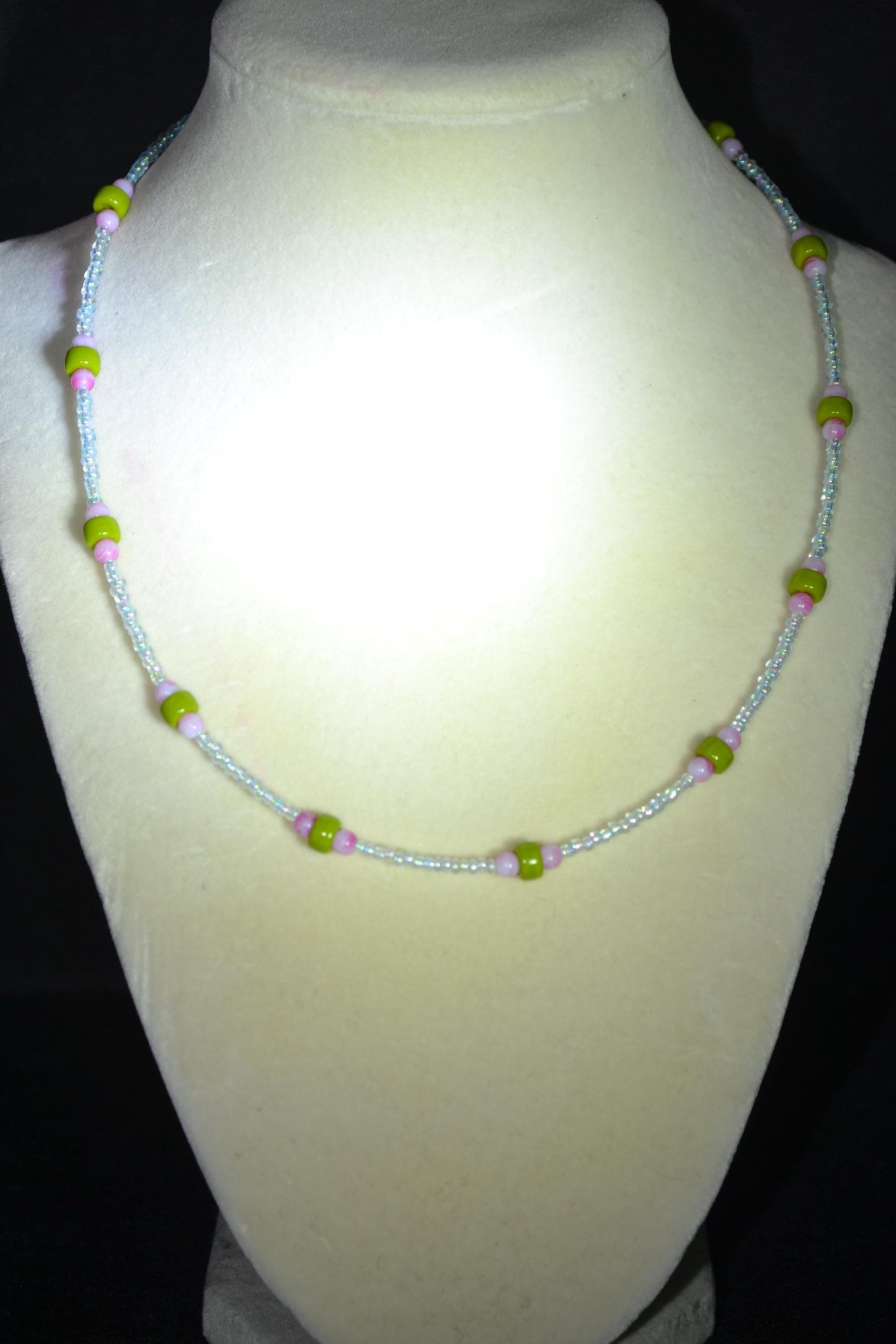 Multicolor glass bead necklace. Olive, crystal, and raspberry