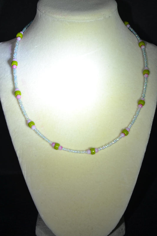 Multicolor glass bead necklace. Olive, crystal, and raspberry