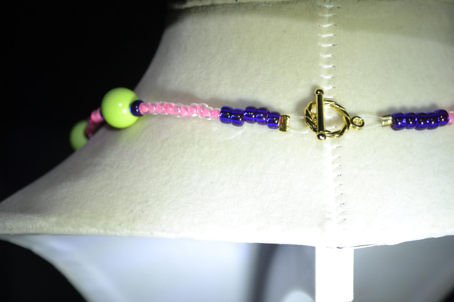 Multicolor glass bead necklace. Lime green, pink, and indigo