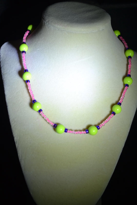 Multicolor glass bead necklace. Lime green, pink, and indigo