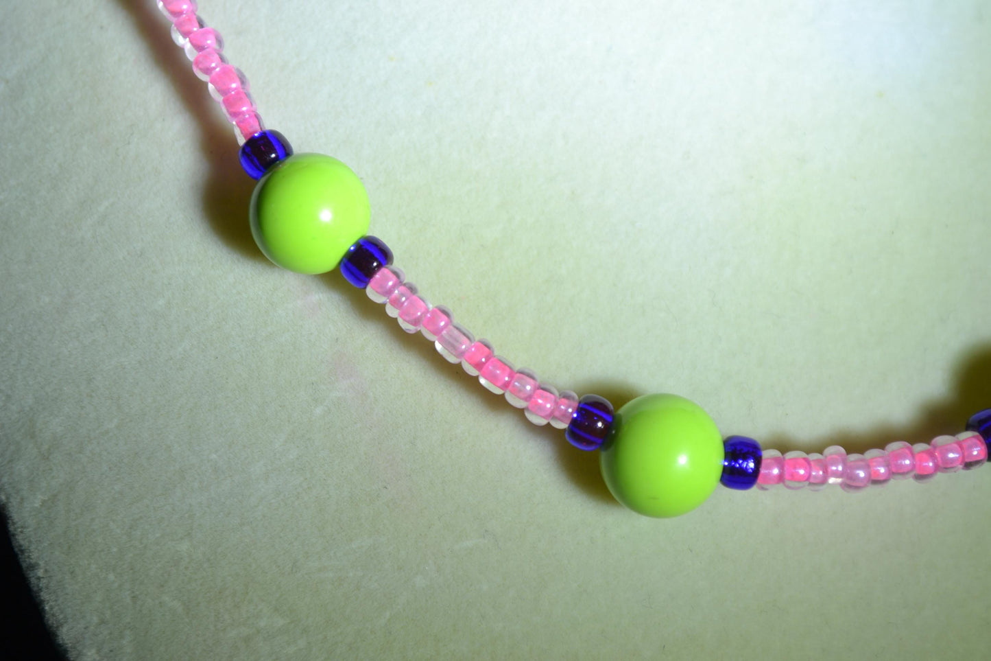 Multicolor glass bead necklace. Lime green, pink, and indigo