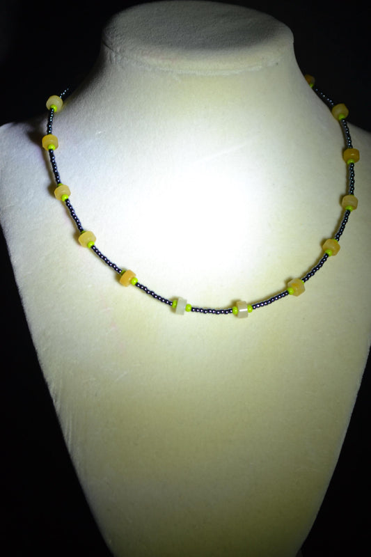 Multicolor glass bead necklace. Yellow jade, gunmetal, and olive